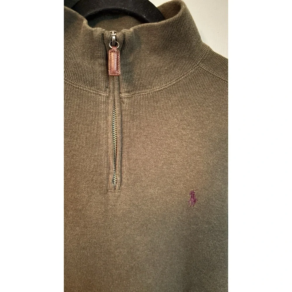 VTG 90s Polo Ralph Lauren Mens Sz L Olive Green Knit 1/4 Zip Sweater Purple Pony